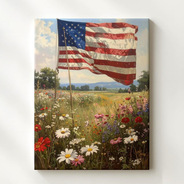 Wildflower Field Flag Canvas – Soft Pastoral American Tribute Wall Art - Gifitto