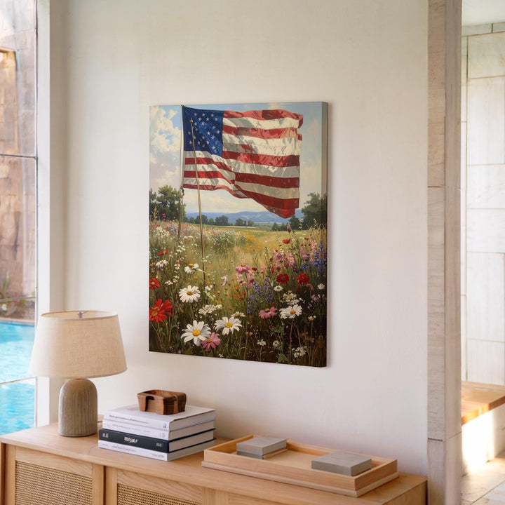 Wildflower Field Flag Canvas – Soft Pastoral American Tribute Wall Art - Gifitto