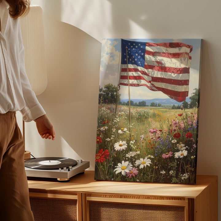 Wildflower Field Flag Canvas – Soft Pastoral American Tribute Wall Art - Gifitto