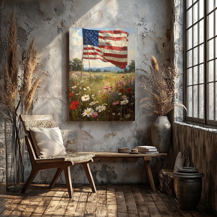 Wildflower Field Flag Canvas – Soft Pastoral American Tribute Wall Art - Gifitto