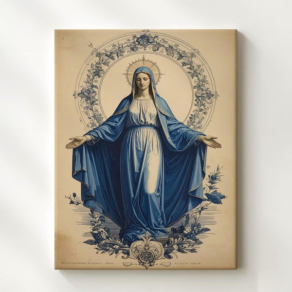 Vintage Virgin Mary Illustration Canvas – Catholic Wall Art of Timeless Devotion and Sacred Grace - Gifitto