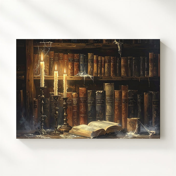 Haunted Bookshelf Still Life Canvas – Sorcerer’s Candlelit Magic Art - Gifitto