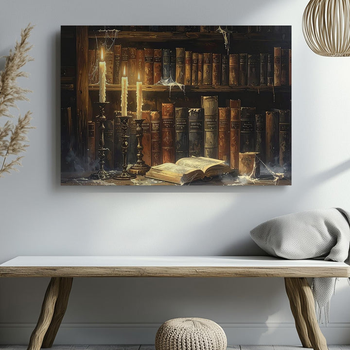 Haunted Bookshelf Still Life Canvas – Sorcerer’s Candlelit Magic Art - Gifitto