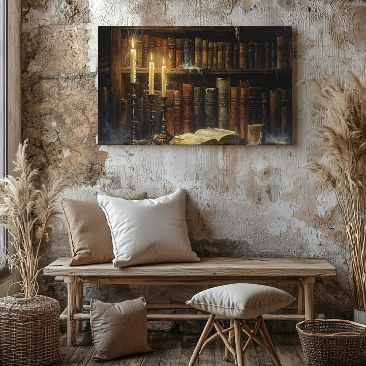 Haunted Bookshelf Still Life Canvas – Sorcerer’s Candlelit Magic Art - Gifitto