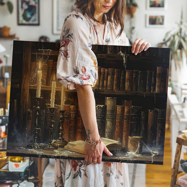 Haunted Bookshelf Still Life Canvas – Sorcerer’s Candlelit Magic Art - Gifitto