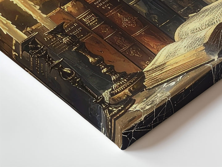 Haunted Bookshelf Still Life Canvas – Sorcerer’s Candlelit Magic Art - Gifitto
