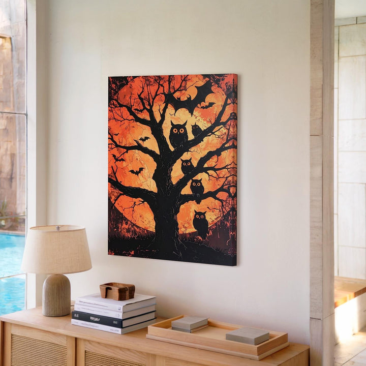 Autumn Owl Tree Canvas – Folklore-Inspired Halloween Silhouette Art - Gifitto