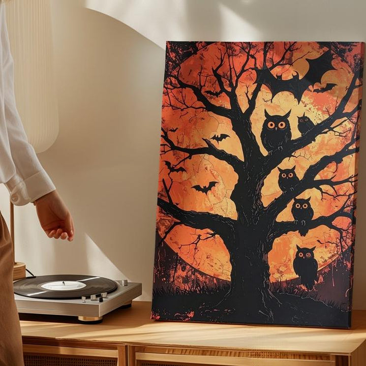 Autumn Owl Tree Canvas – Folklore-Inspired Halloween Silhouette Art - Gifitto