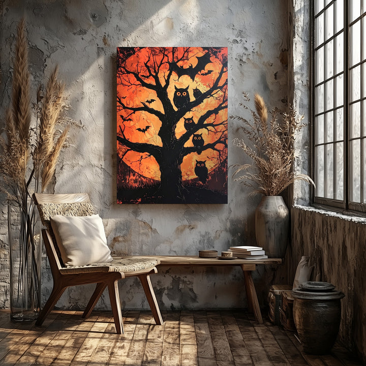 Autumn Owl Tree Canvas – Folklore-Inspired Halloween Silhouette Art - Gifitto