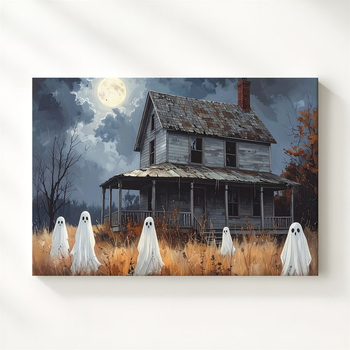 Haunted House & Ghostly Yard Canvas – Moody Blue-Gray Halloween Art - Gifitto