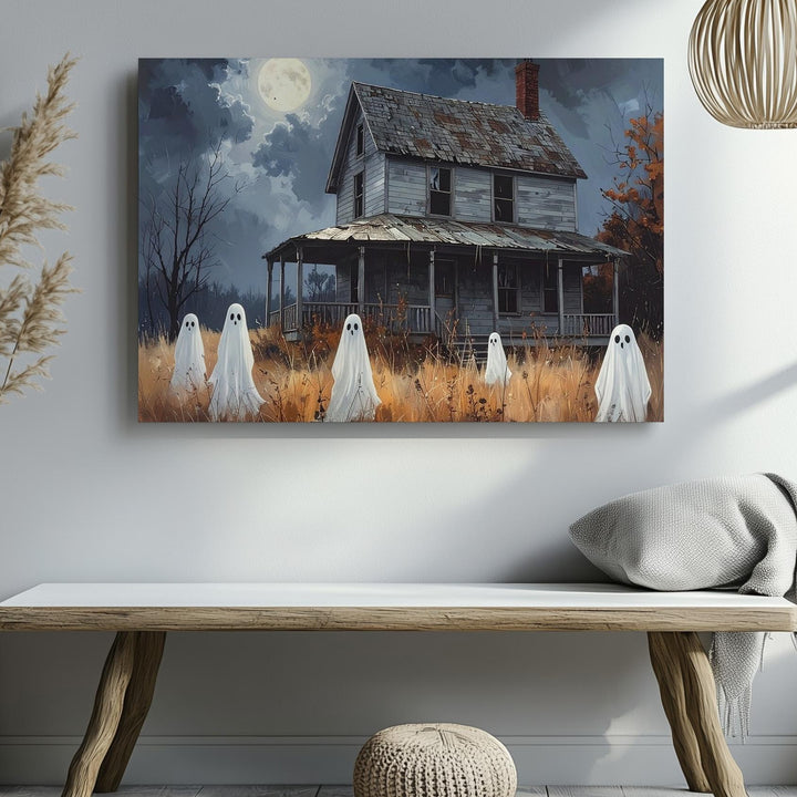 Haunted House & Ghostly Yard Canvas – Moody Blue-Gray Halloween Art - Gifitto