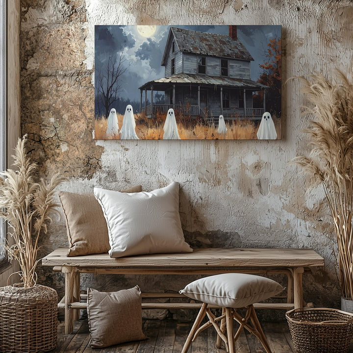 Haunted House & Ghostly Yard Canvas – Moody Blue-Gray Halloween Art - Gifitto