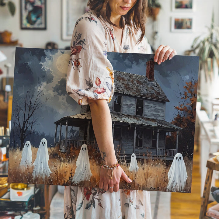 Haunted House & Ghostly Yard Canvas – Moody Blue-Gray Halloween Art - Gifitto