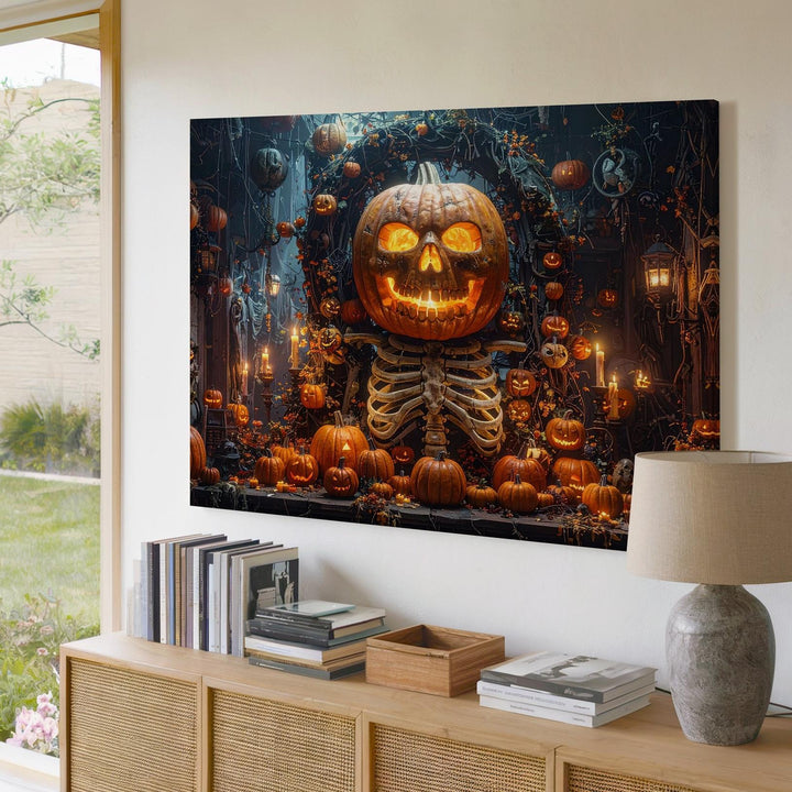 Haunted Pumpkin Altar Canvas – Gothic Halloween Harvest Shrine Art - Gifitto