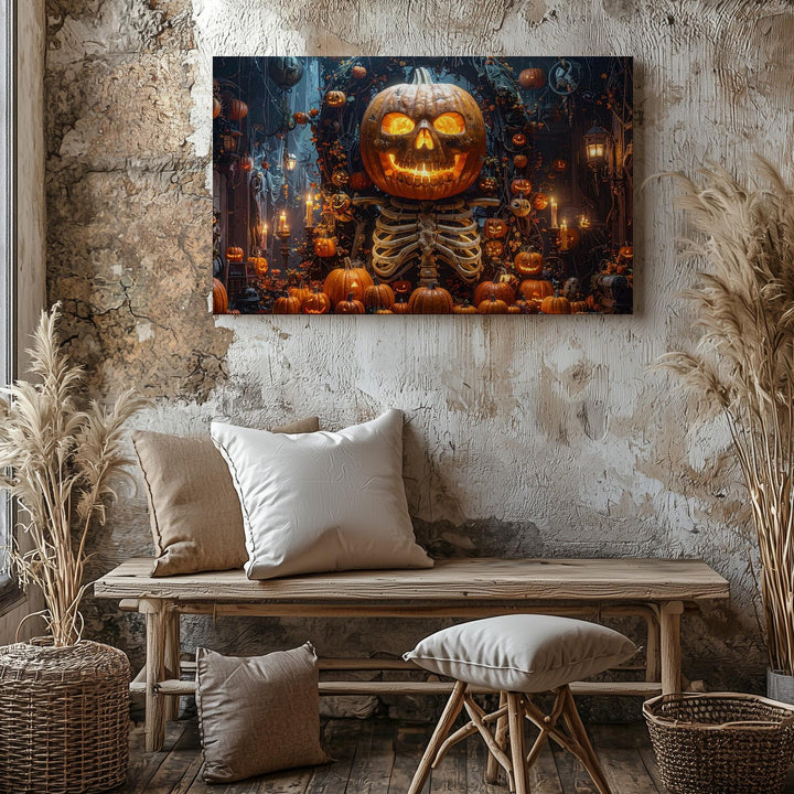 Haunted Pumpkin Altar Canvas – Gothic Halloween Harvest Shrine Art - Gifitto
