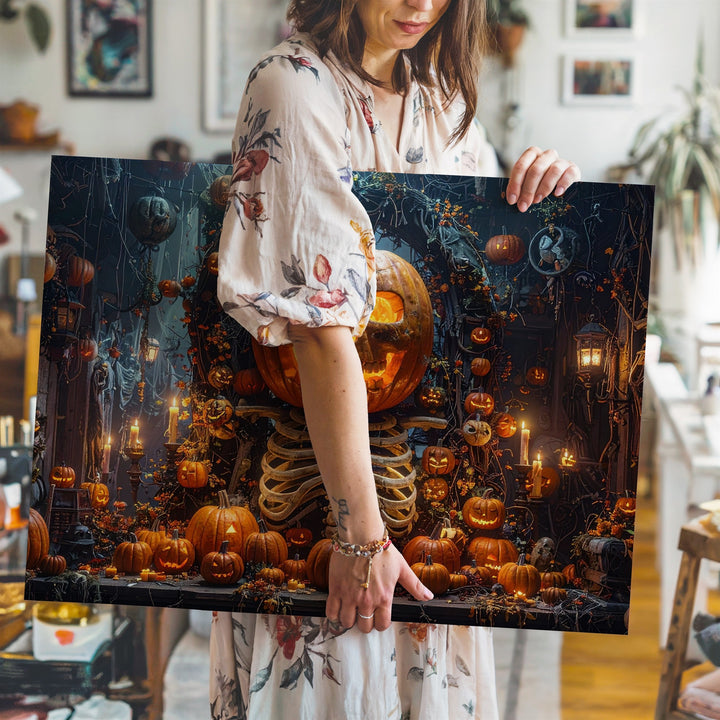 Haunted Pumpkin Altar Canvas – Gothic Halloween Harvest Shrine Art - Gifitto
