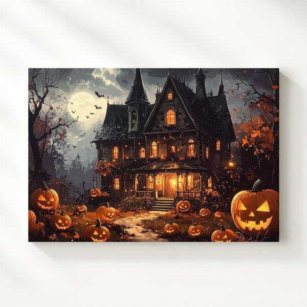 Elegant Haunted Mansion Canvas – Glowing Pumpkins & Ghostly Windows Halloween Art - Gifitto