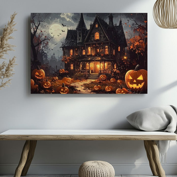 Elegant Haunted Mansion Canvas – Glowing Pumpkins & Ghostly Windows Halloween Art - Gifitto