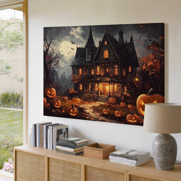 Elegant Haunted Mansion Canvas – Glowing Pumpkins & Ghostly Windows Halloween Art - Gifitto