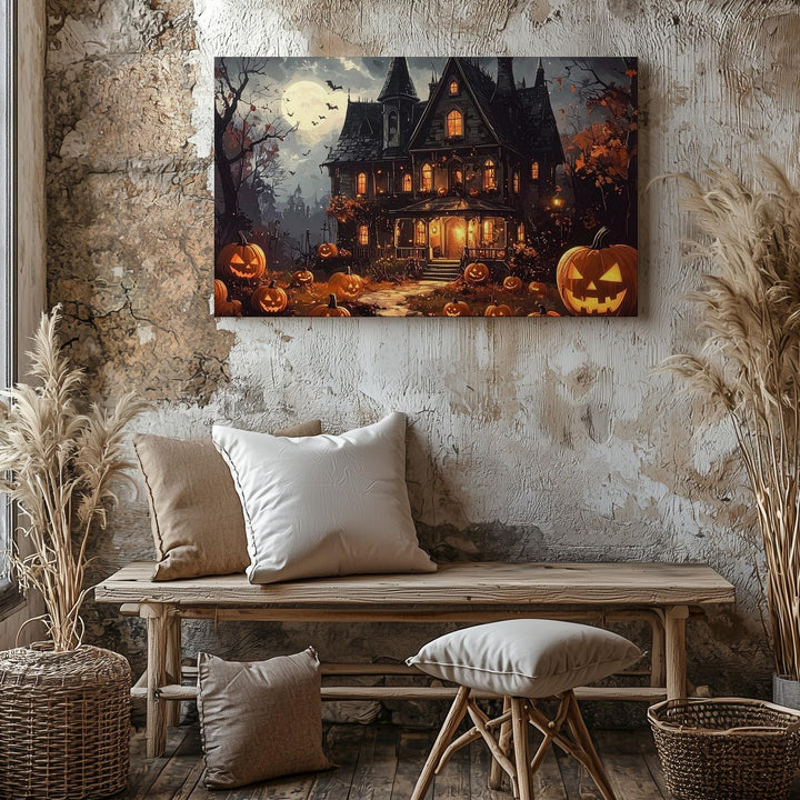Elegant Haunted Mansion Canvas – Glowing Pumpkins & Ghostly Windows Halloween Art - Gifitto