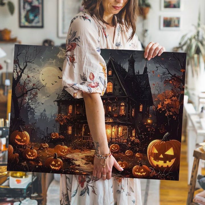 Elegant Haunted Mansion Canvas – Glowing Pumpkins & Ghostly Windows Halloween Art - Gifitto