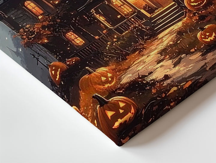 Elegant Haunted Mansion Canvas – Glowing Pumpkins & Ghostly Windows Halloween Art - Gifitto