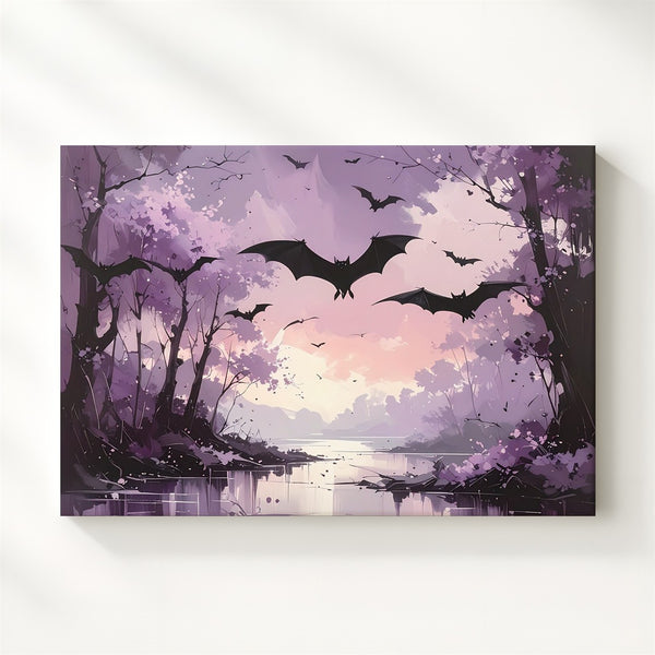 Dusky Bat Forest Canvas – Ethereal Twilight Path in Haunting Pinks & Purples - Gifitto