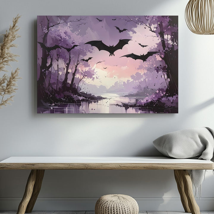 Dusky Bat Forest Canvas – Ethereal Twilight Path in Haunting Pinks & Purples - Gifitto