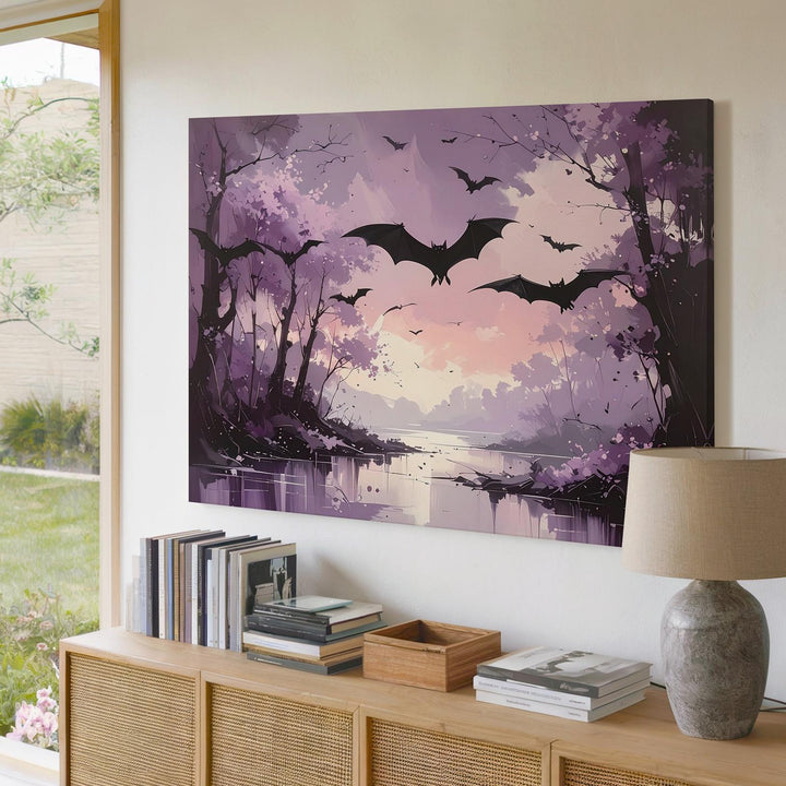Dusky Bat Forest Canvas – Ethereal Twilight Path in Haunting Pinks & Purples - Gifitto