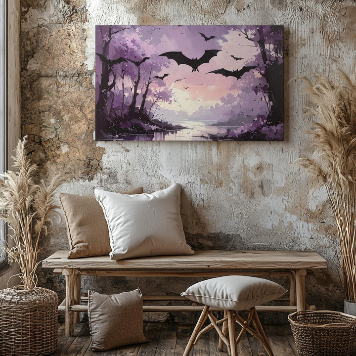 Dusky Bat Forest Canvas – Ethereal Twilight Path in Haunting Pinks & Purples - Gifitto