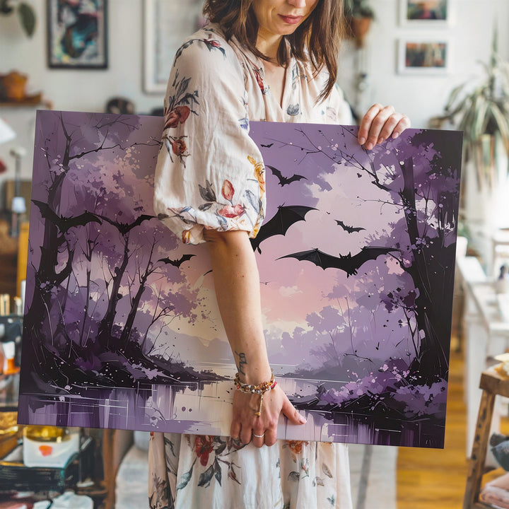 Dusky Bat Forest Canvas – Ethereal Twilight Path in Haunting Pinks & Purples - Gifitto