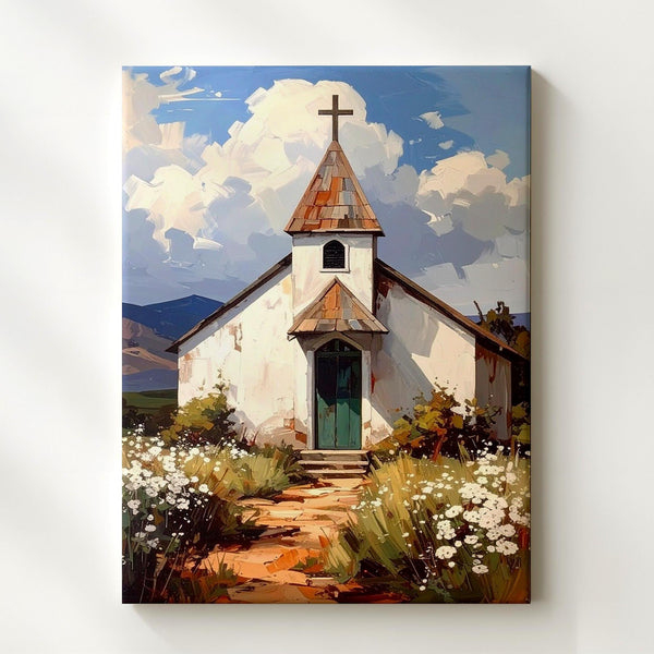 Rustic White Chapel II Canvas – Tranquil Christian Wall Art of Sacred Stillness and Rural Harmony - Gifitto
