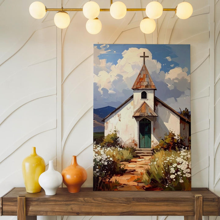 Rustic White Chapel II Canvas – Tranquil Christian Wall Art of Sacred Stillness and Rural Harmony - Gifitto