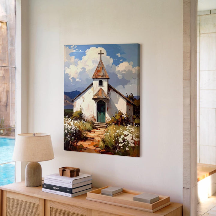 Rustic White Chapel II Canvas – Tranquil Christian Wall Art of Sacred Stillness and Rural Harmony - Gifitto