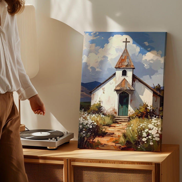 Rustic White Chapel II Canvas – Tranquil Christian Wall Art of Sacred Stillness and Rural Harmony - Gifitto