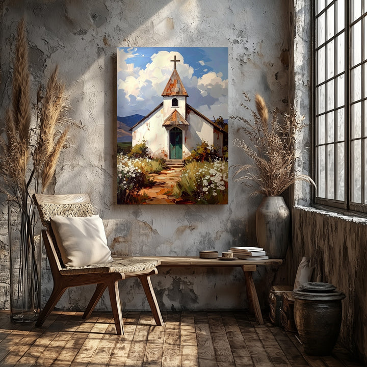Rustic White Chapel II Canvas – Tranquil Christian Wall Art of Sacred Stillness and Rural Harmony - Gifitto