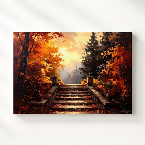 Autumn Stairway Canvas – Enchanted Forest Path in Golden Light - Gifitto
