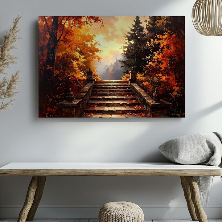 Autumn Stairway Canvas – Enchanted Forest Path in Golden Light - Gifitto