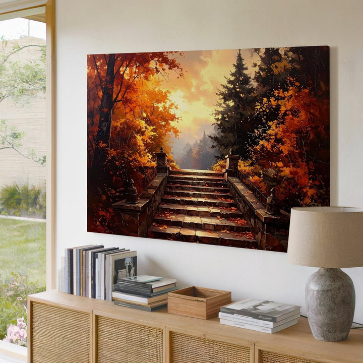 Autumn Stairway Canvas – Enchanted Forest Path in Golden Light - Gifitto