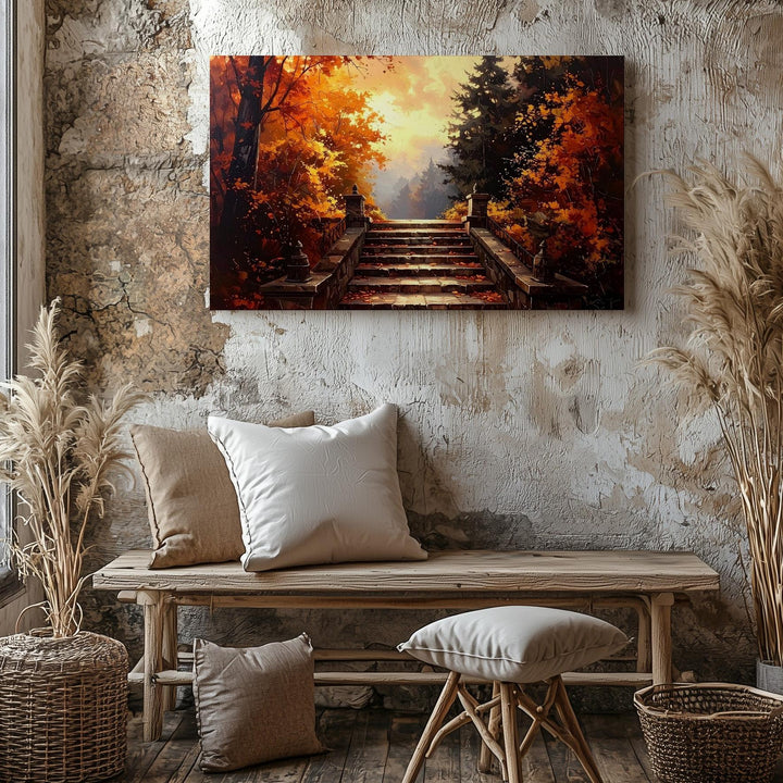 Autumn Stairway Canvas – Enchanted Forest Path in Golden Light - Gifitto