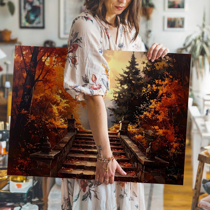 Autumn Stairway Canvas – Enchanted Forest Path in Golden Light - Gifitto