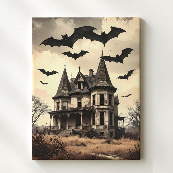 Haunted Mansion & Bats Canvas – Vintage Sepia Gothic Halloween Art - Gifitto