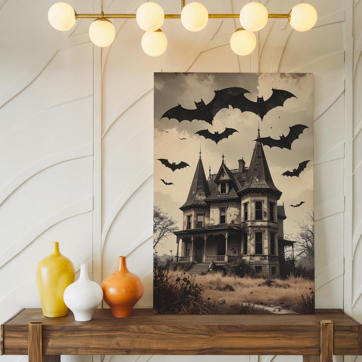 Haunted Mansion & Bats Canvas – Vintage Sepia Gothic Halloween Art - Gifitto