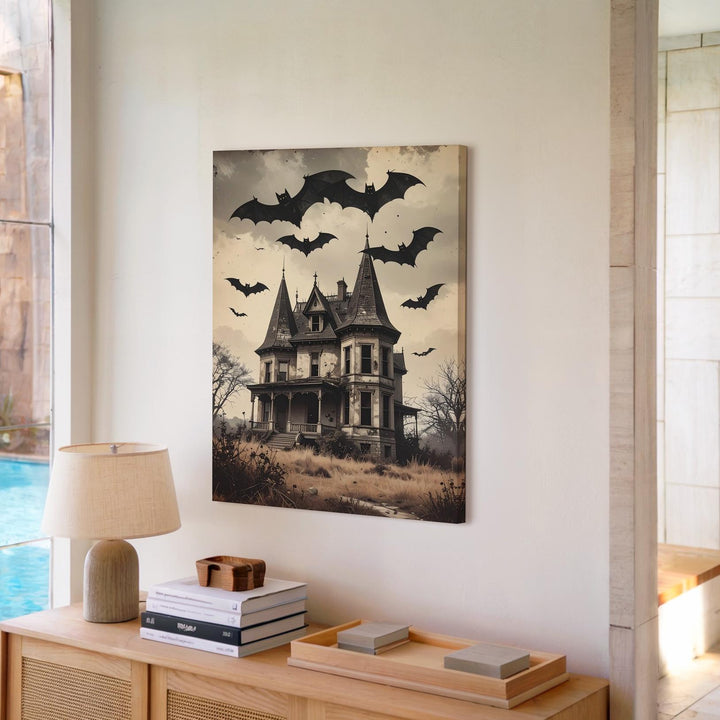 Haunted Mansion & Bats Canvas – Vintage Sepia Gothic Halloween Art - Gifitto
