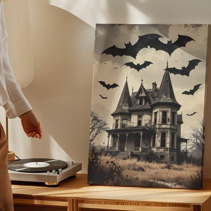Haunted Mansion & Bats Canvas – Vintage Sepia Gothic Halloween Art - Gifitto