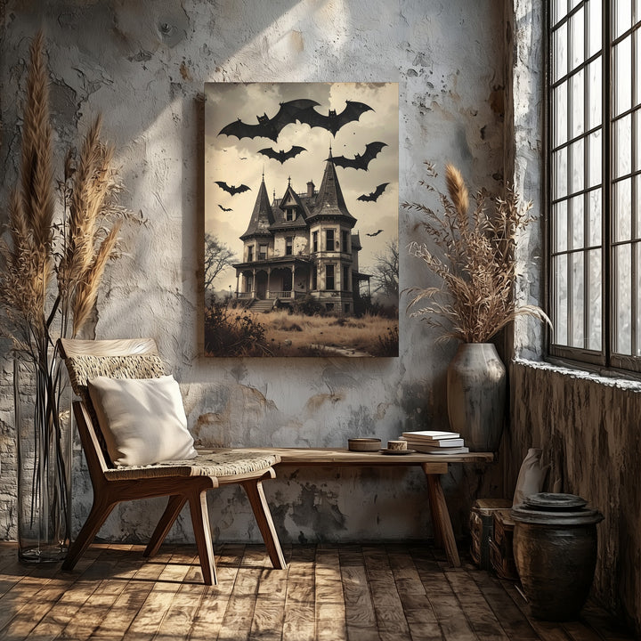 Haunted Mansion & Bats Canvas – Vintage Sepia Gothic Halloween Art - Gifitto