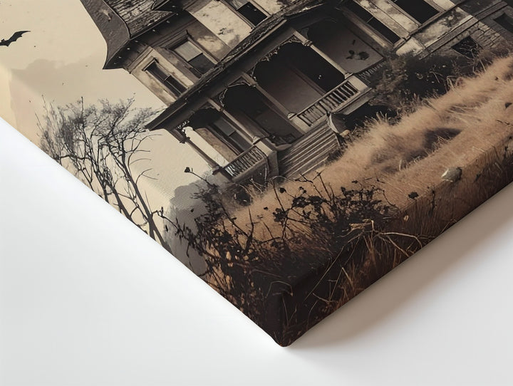 Haunted Mansion & Bats Canvas – Vintage Sepia Gothic Halloween Art - Gifitto