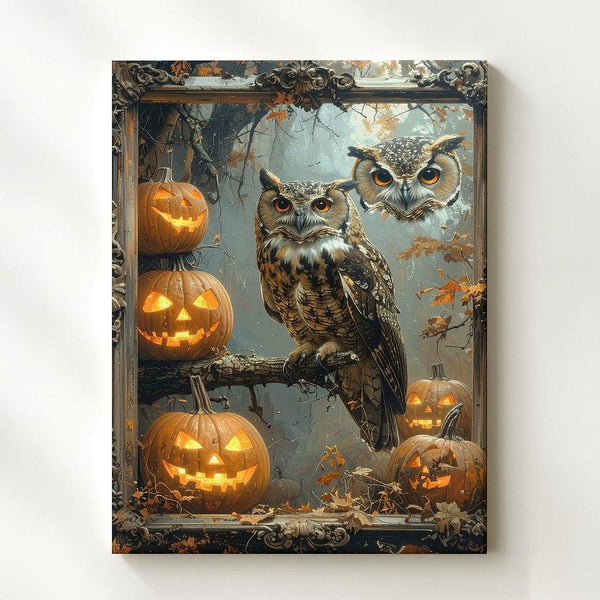 Gothic Owl & Jack-O'-Lantern Canvas – Mysterious Halloween Vignette Art - Gifitto
