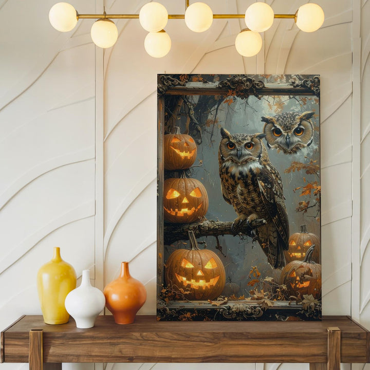Gothic Owl & Jack-O'-Lantern Canvas – Mysterious Halloween Vignette Art - Gifitto