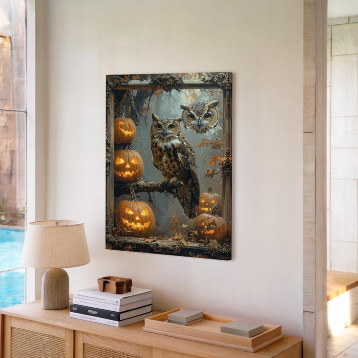 Gothic Owl & Jack-O'-Lantern Canvas – Mysterious Halloween Vignette Art - Gifitto